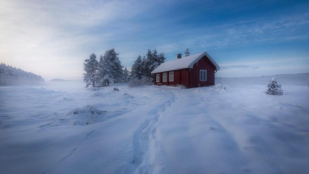Snowy house in Norway wallpaper