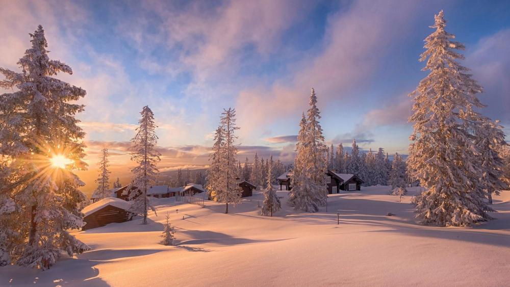 Snowy cabins in Norway wallpaper
