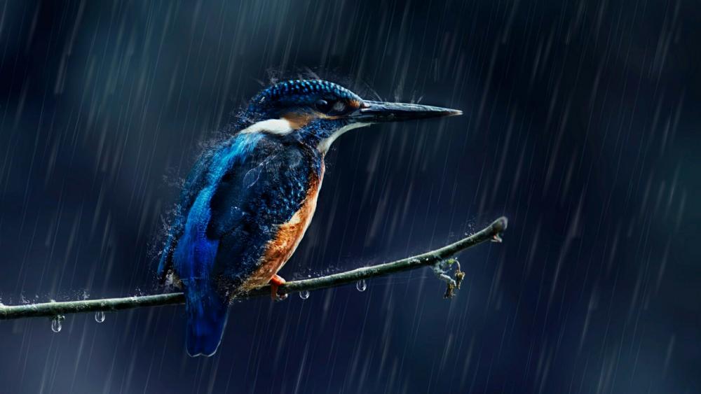 Kingfisher bird in the rain wallpaper