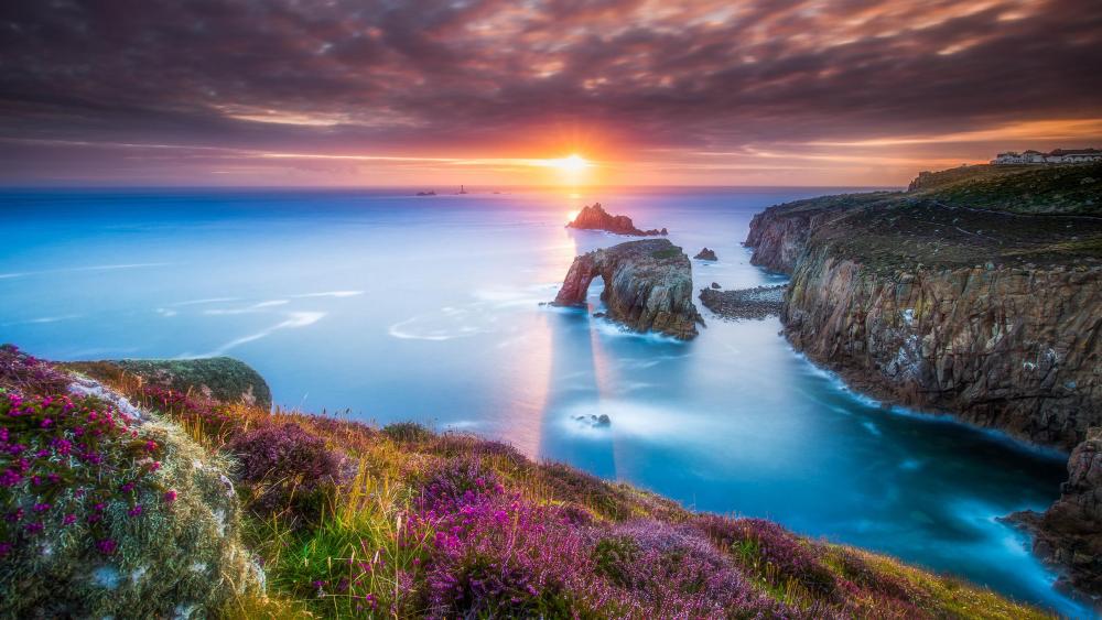 Cornish coastal sunset scenery at Lands End wallpaper