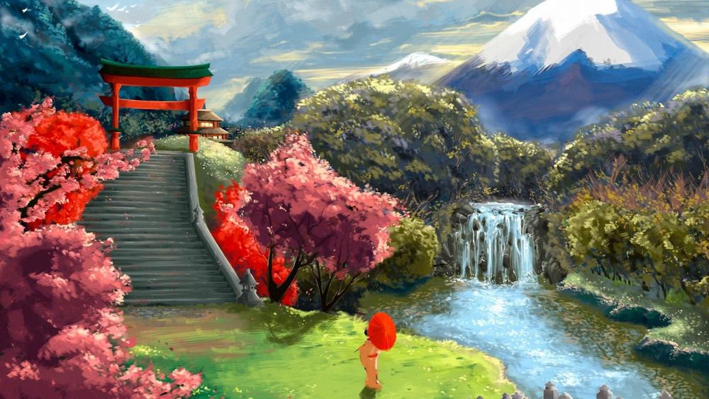Japanese garden landscape - Painting art wallpaper