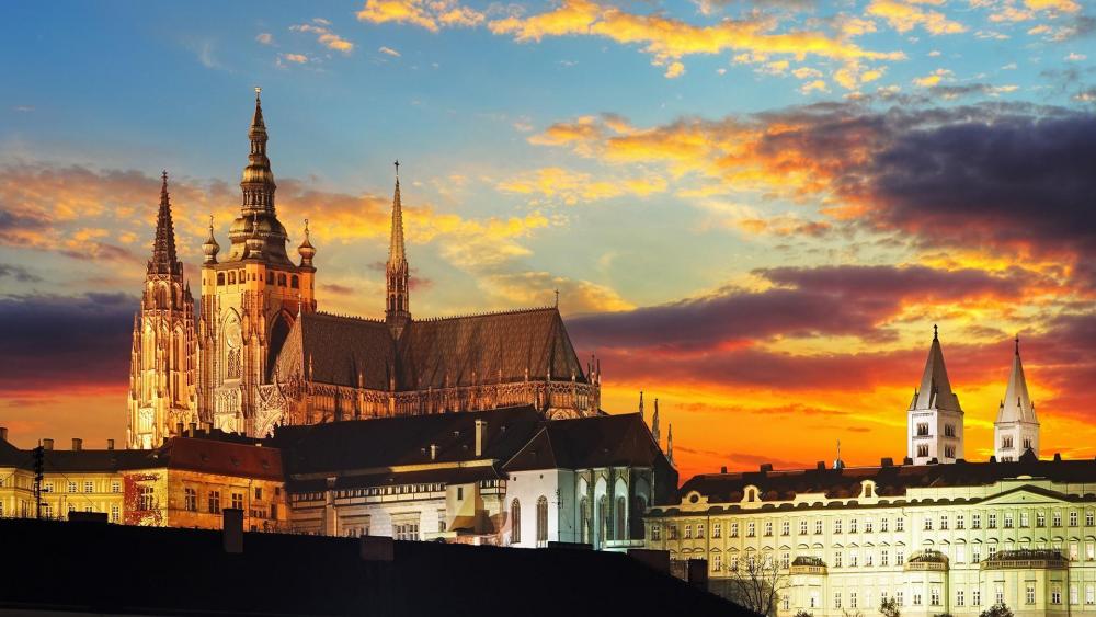 St. Vitus Cathedral ang Prague Castle in the sunset wallpaper