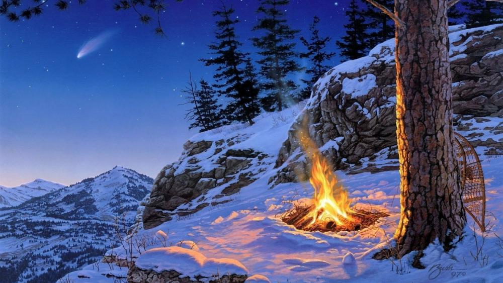 Snow shoes at the camp fire wallpaper