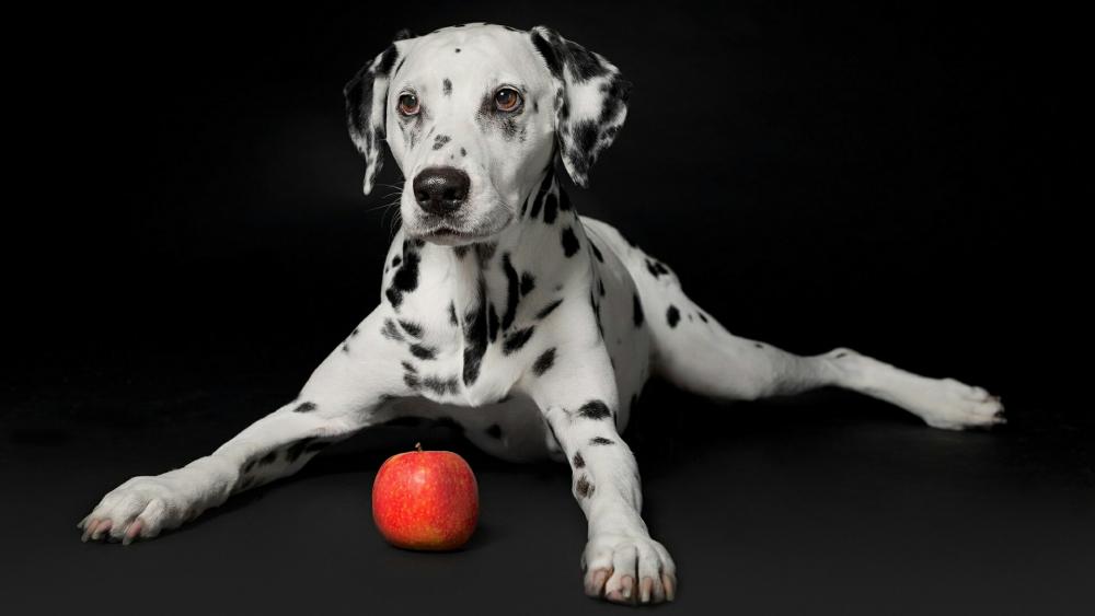 Dalmatian dog with an apple on balck background wallpaper