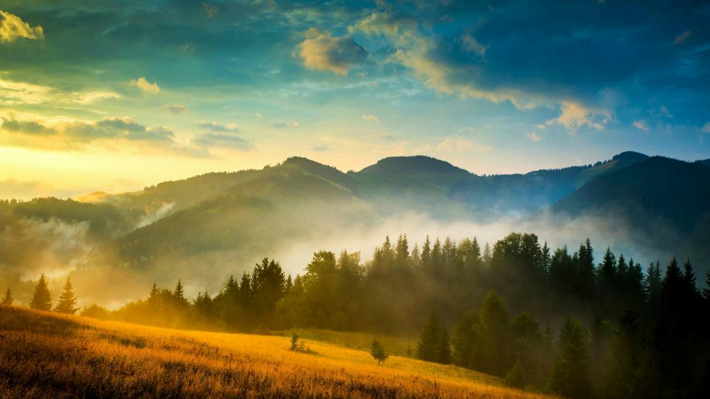 Misty mountain sunrise landscape wallpaper