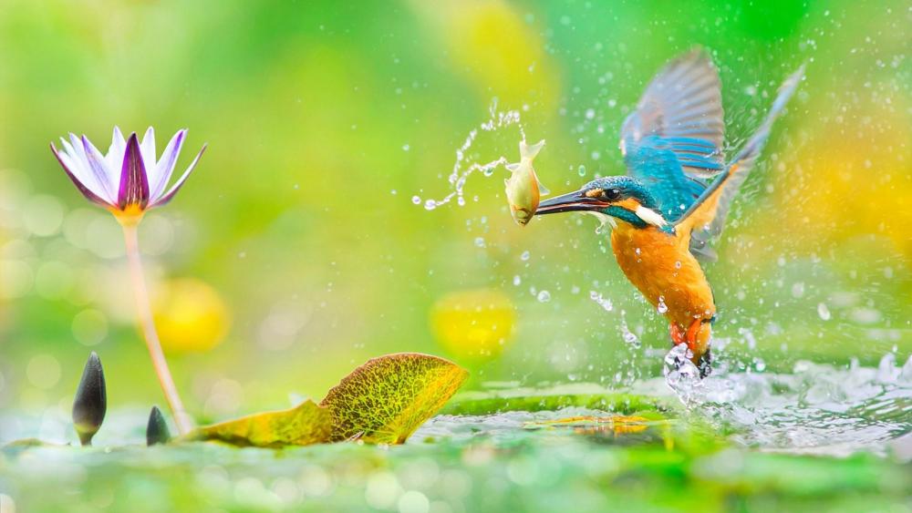Kingfisher with a fish in his beak wallpaper