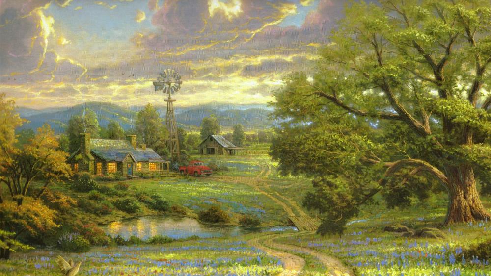 Farm with a pond - Painting art wallpaper