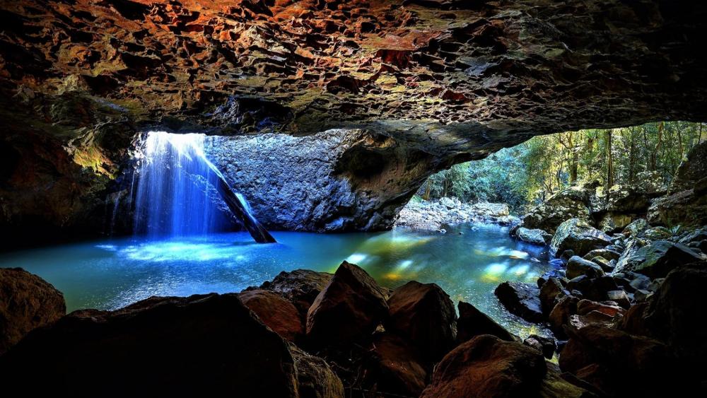 Cave waterfall at Natural Bridge, Springbrook National Park wallpaper