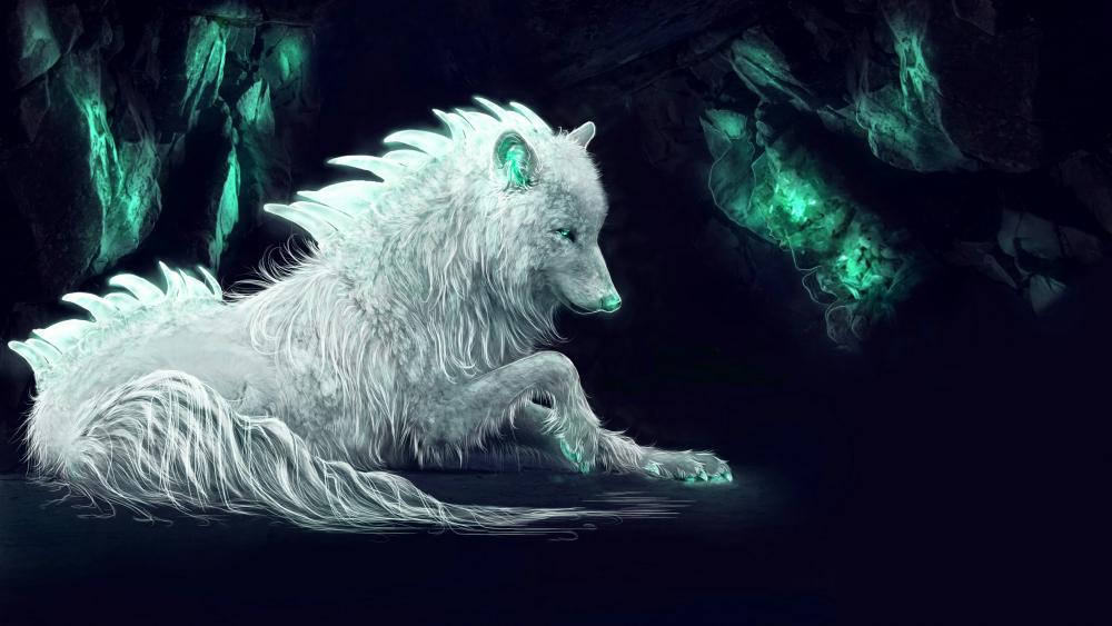 Mystical White Wolf in Shadowy Cave wallpaper