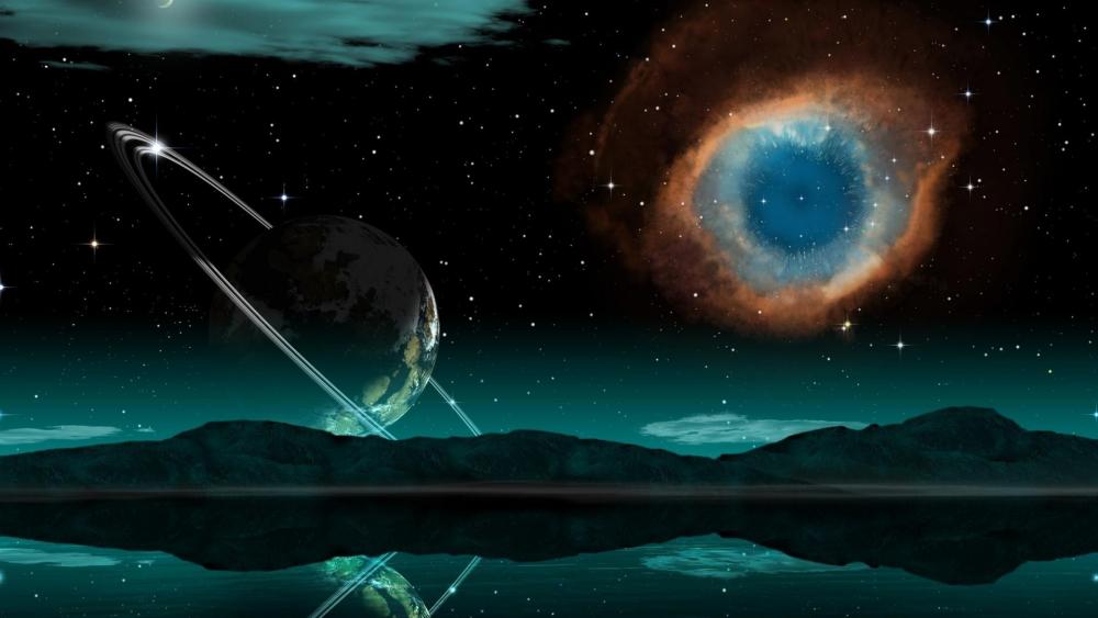 Ringed planet with Helix Nebula - Fantasy space art wallpaper
