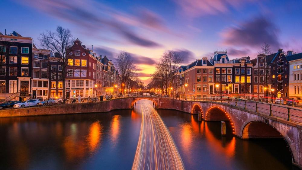 Light trails on the canal in Amsterdam wallpaper