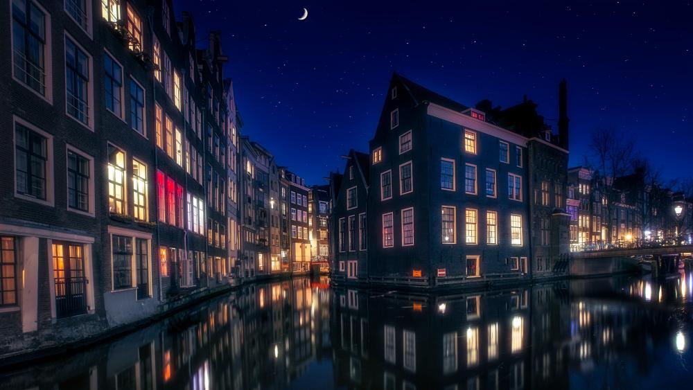Amsterdam canal night reflection wallpaper