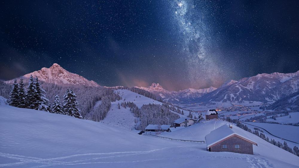 Milky way over Tyrol mountains in winter wallpaper
