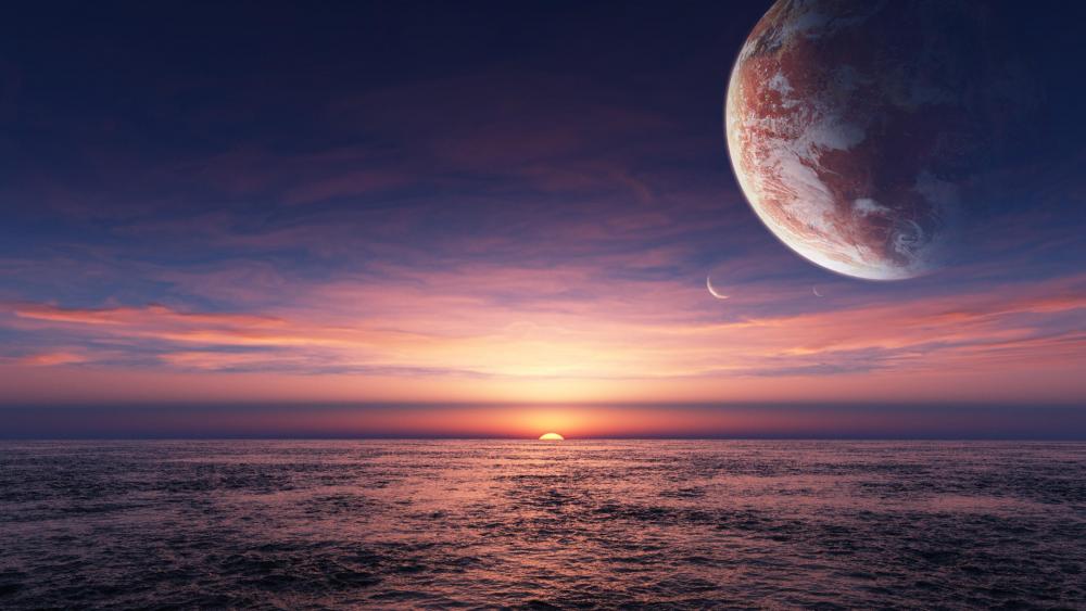 Sunset and moons - Fantasy landscape wallpaper