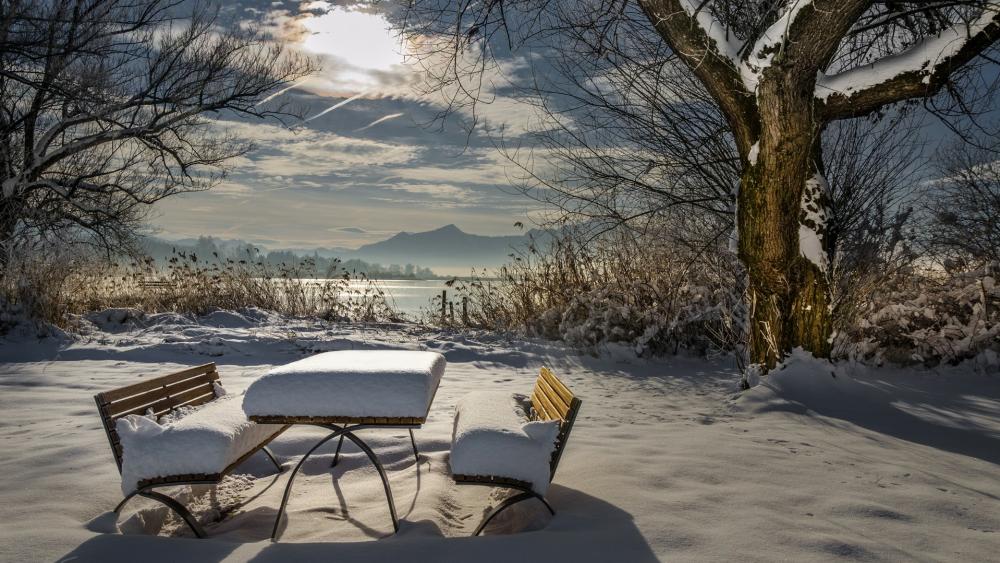 Snow-covered benches wallpaper