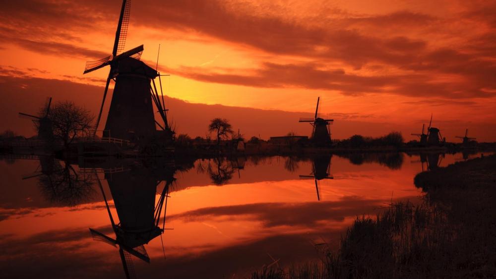 Kinderdijk windmills silhouette wallpaper