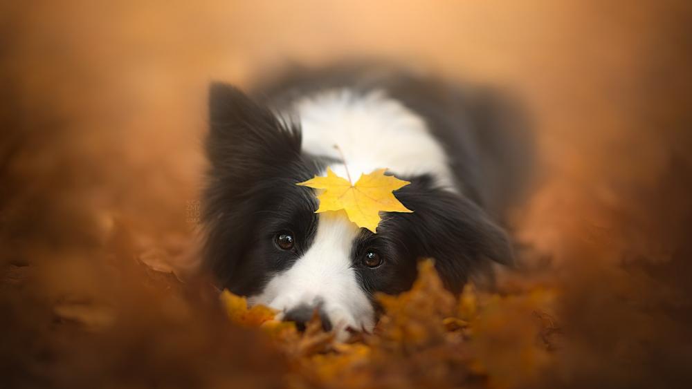 Border Collie with a yellow leaf on his head wallpaper
