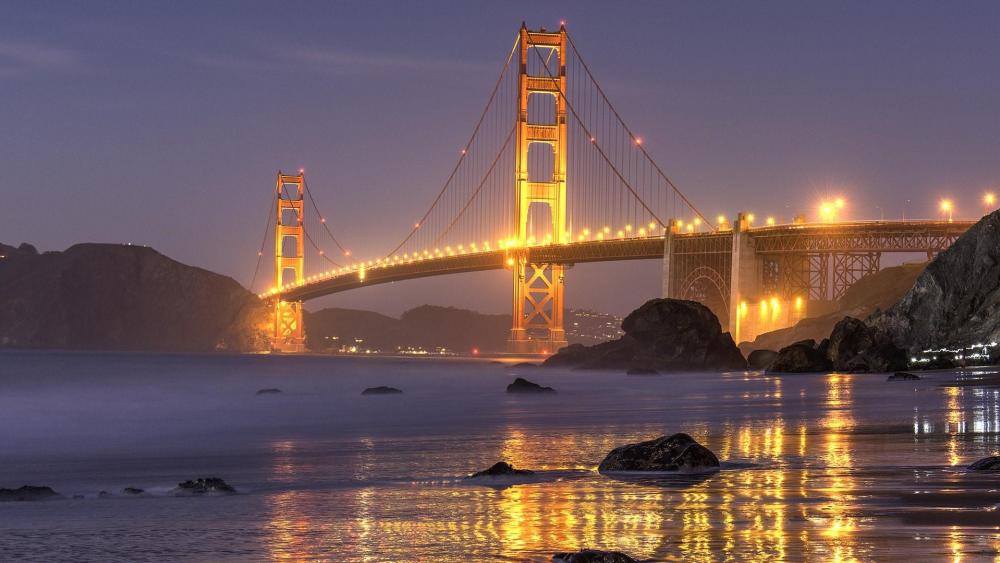 Golden Gate Bridge & Marshall's Beach at dusk wallpaper