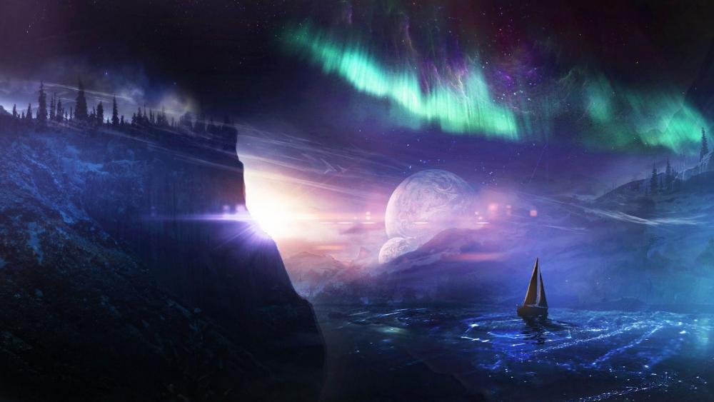 Cosmic Sailing Under Northern Lights wallpaper