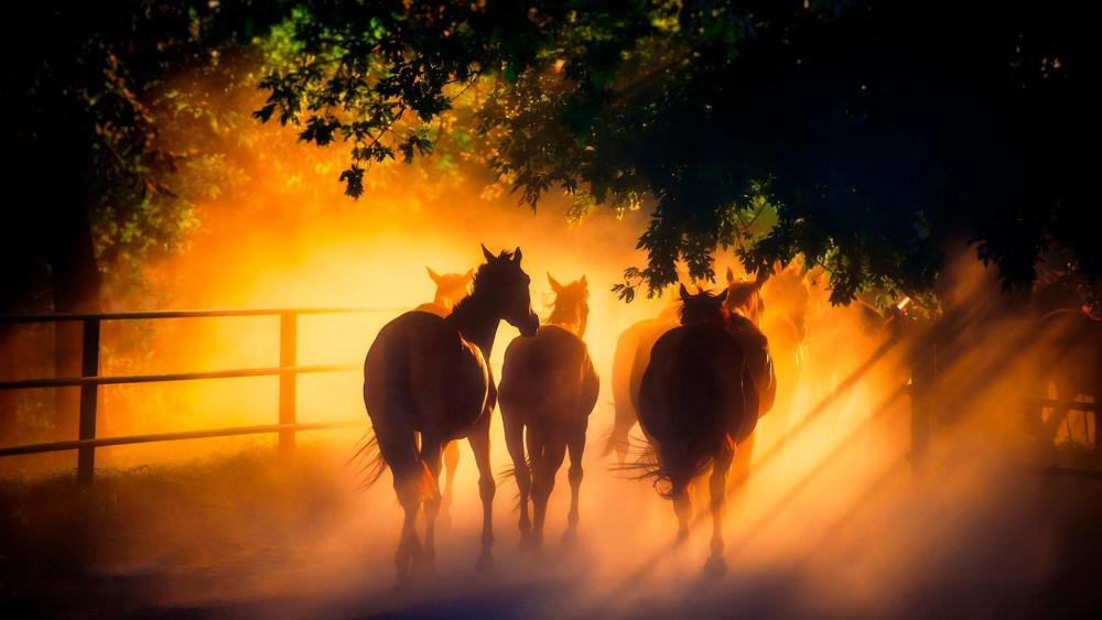 Horse herd in the morning sunlight wallpaper