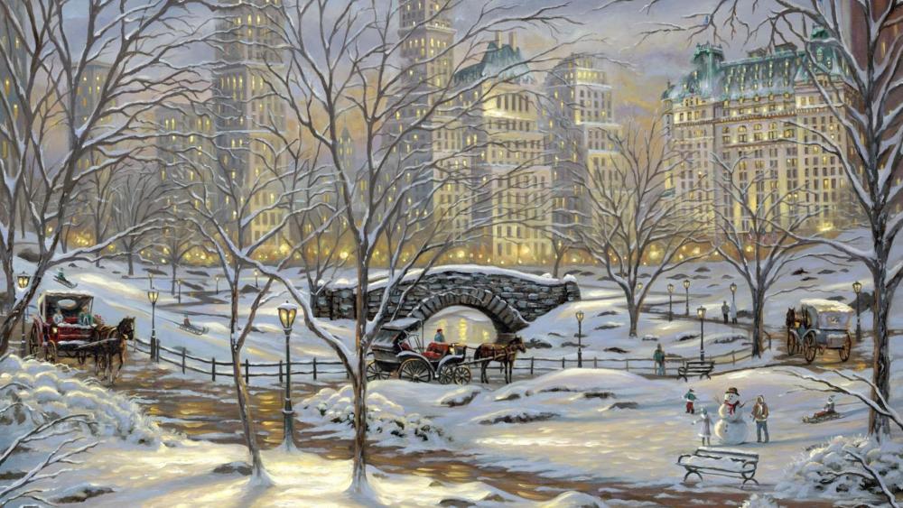 Romantic winter cityscape - Painting art wallpaper
