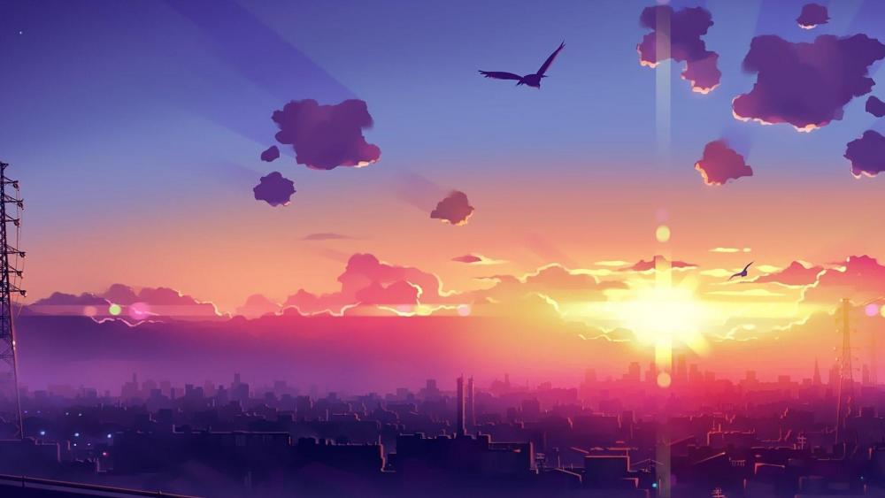 Sunset Over Anime Cityscape wallpaper