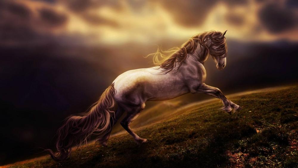 Running horse in hillside meadow - Fantasy digital art wallpaper