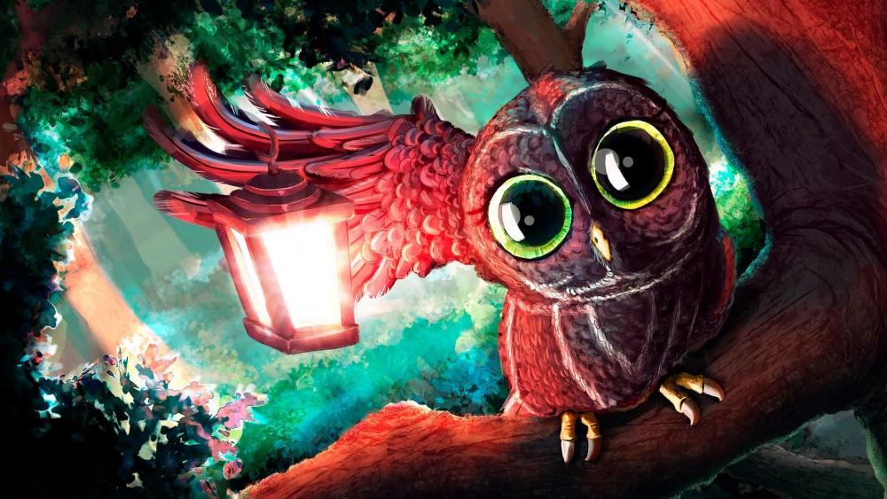 Owl with lantern illustration wallpaper