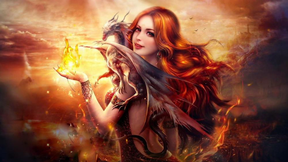 Fantasy girl with dragon and fire wallpaper