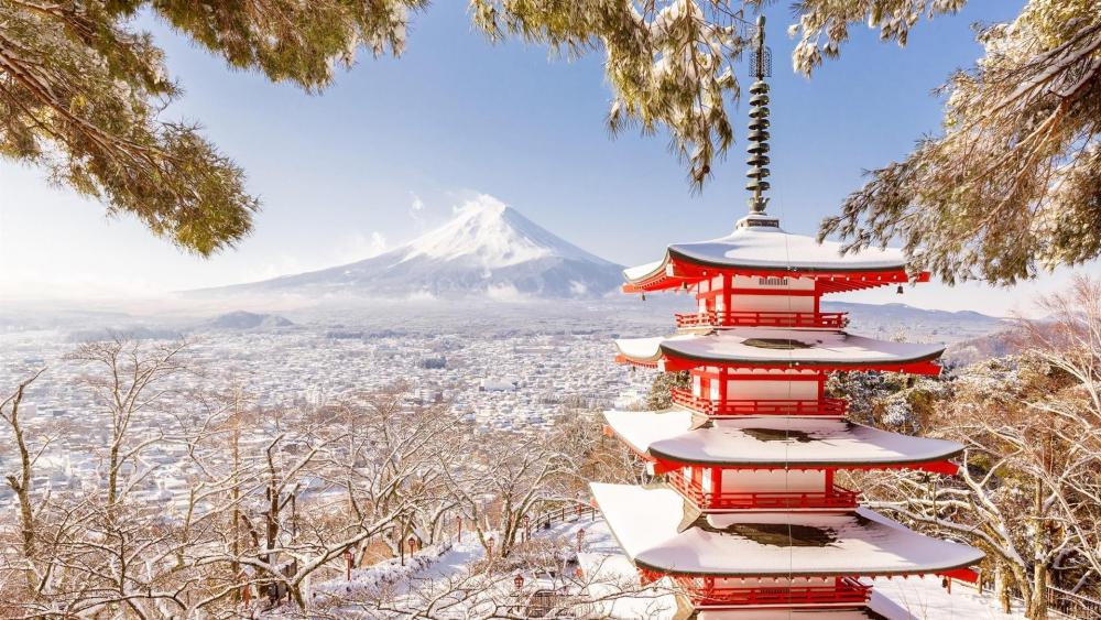 Chureito Pagoda and Mount Fuji in winter wallpaper