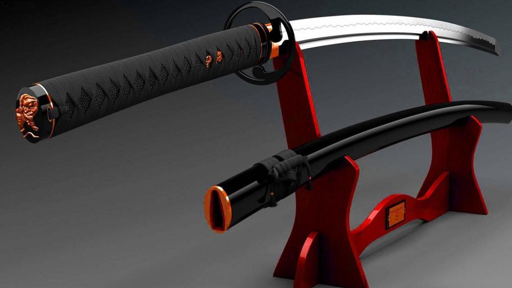 Exquisite Katana on Red Stand wallpaper