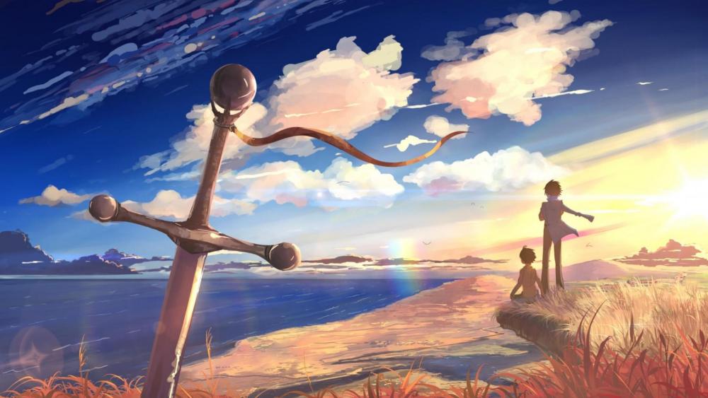 Anime Sunset by the Sword's Edge wallpaper