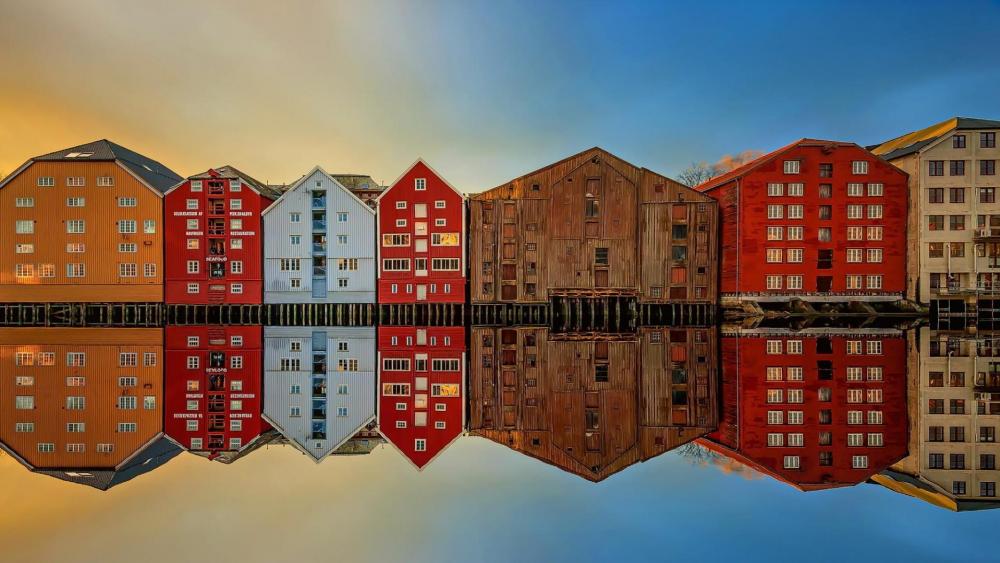 Trondheim reflected in Nidelva river (Norway) wallpaper
