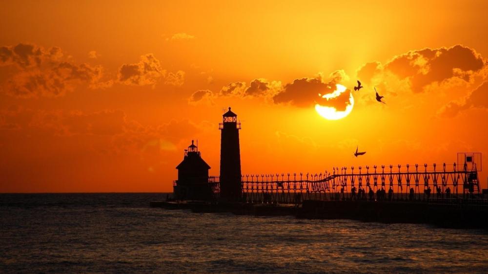 Grand Haven South Pier Lighthouses at sunset wallpaper
