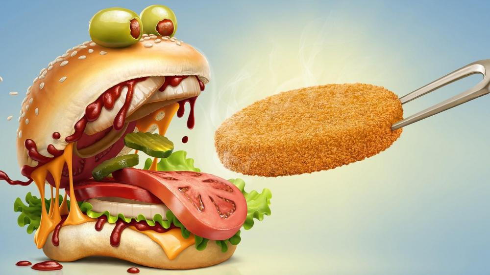 Funny chicken monster burger wallpaper