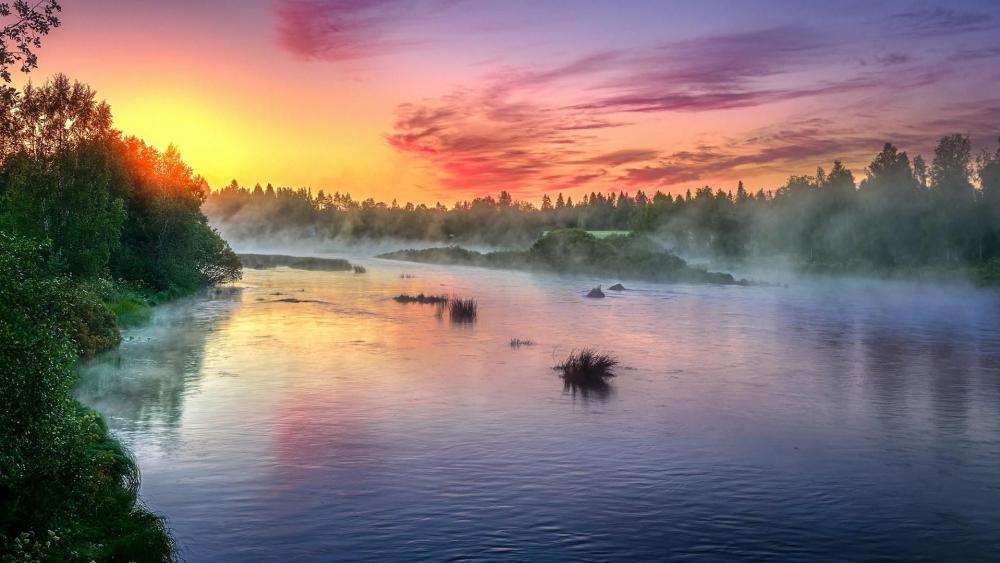 Misty river sunrise wallpaper