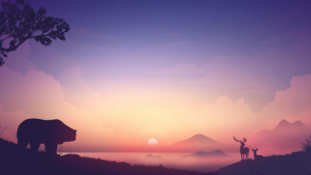 Bear and deer silhouette at sunrise wallpaper
