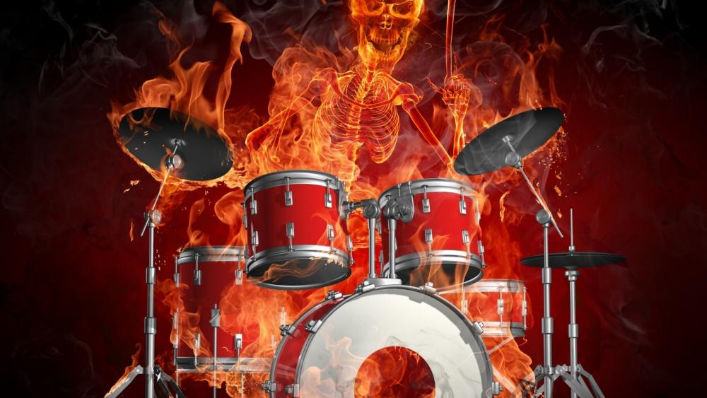 Drums and a skeleton of a man burn in flames wallpaper