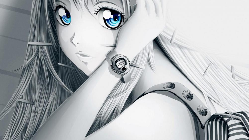 Monochromatic Anime Portrait with Striking Blue Eyes wallpaper