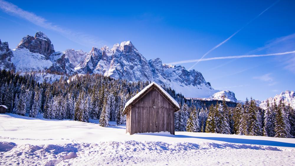 Hut in the Dolomites at winter time wallpaper