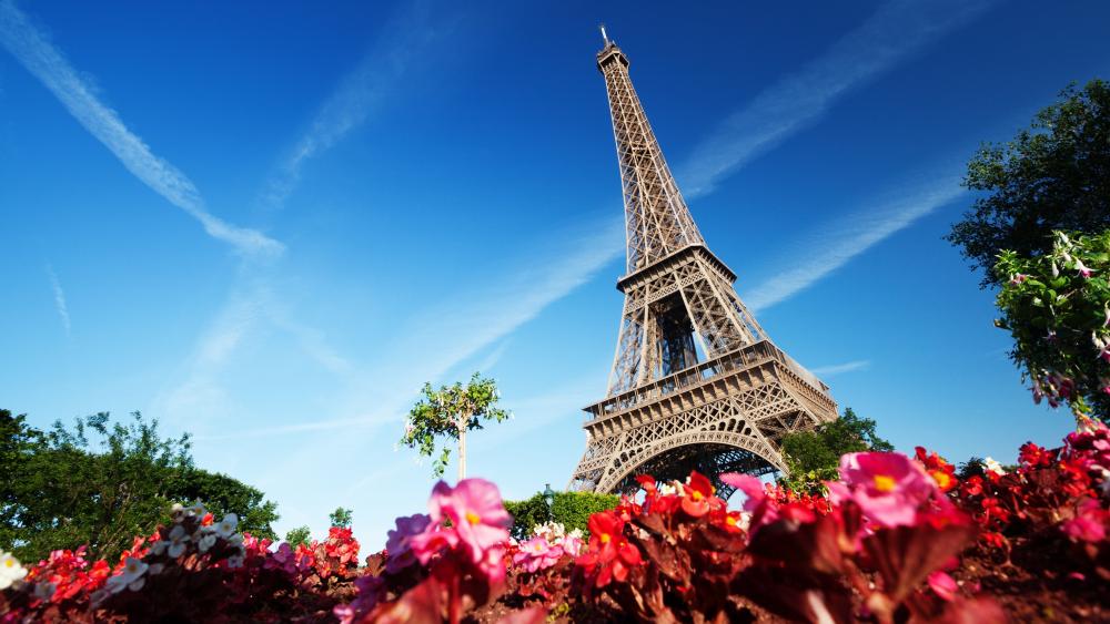 Eiffel Tower with contrails in the blue sky wallpaper