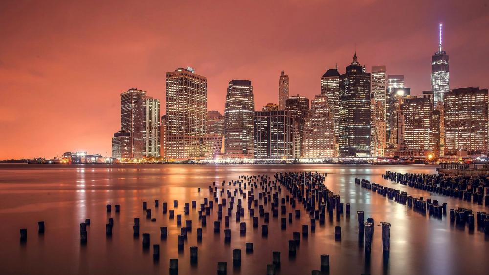 Lower Manhattan Skyline and wooden pier stumps wallpaper