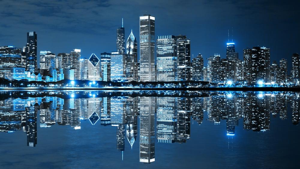 Chicago skyline reflected in the Lake Michigan wallpaper