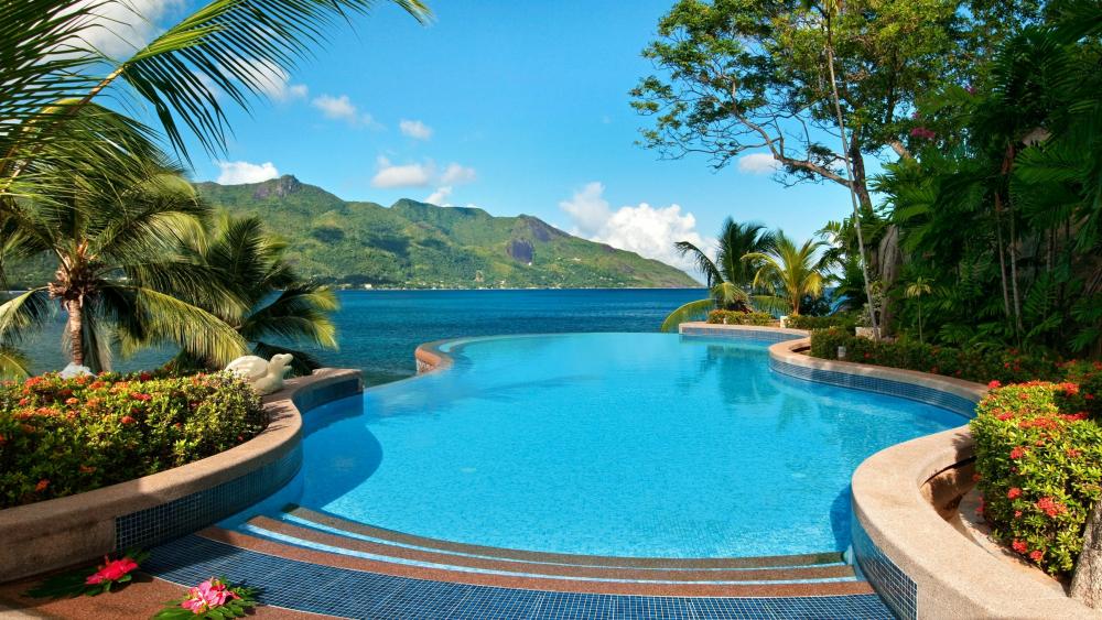 Swimming pool with panorama (Seychelles) wallpaper
