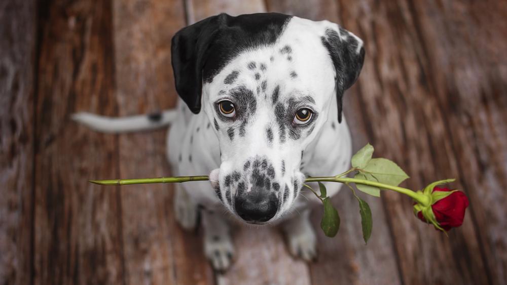 Dalmatian dog holding a red rose wallpaper