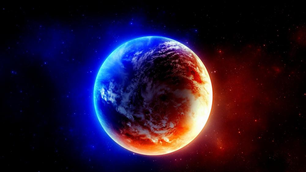 Earth in red and blue lights wallpaper