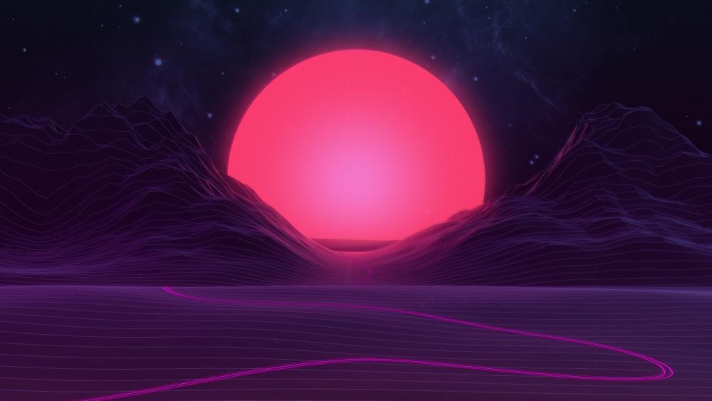 Synthwave Sunset in Neon Mountain Valley wallpaper