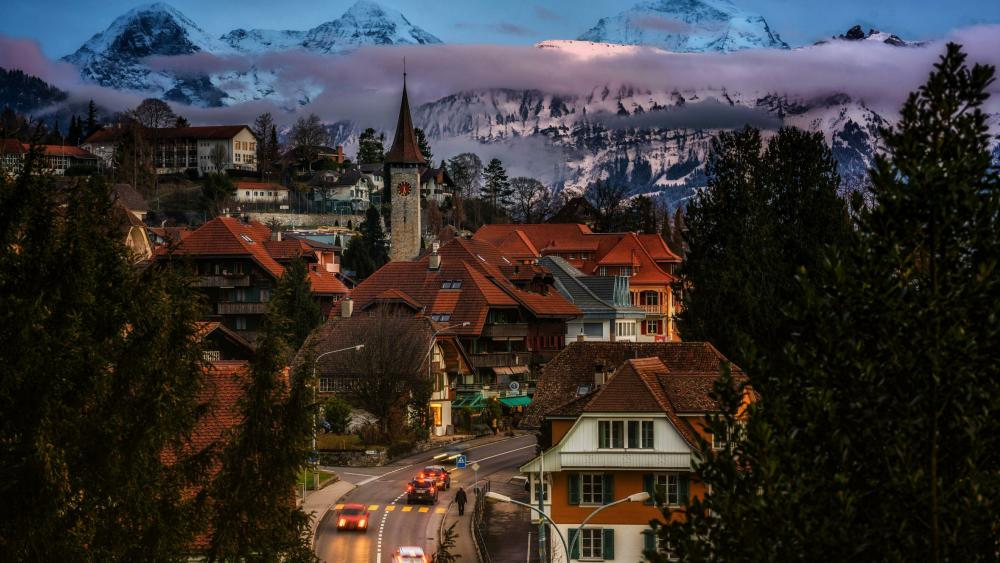 Town in the Swiss Alps wallpaper