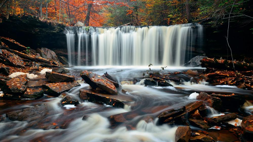 Autumn waterfall with colorful foliage wallpaper