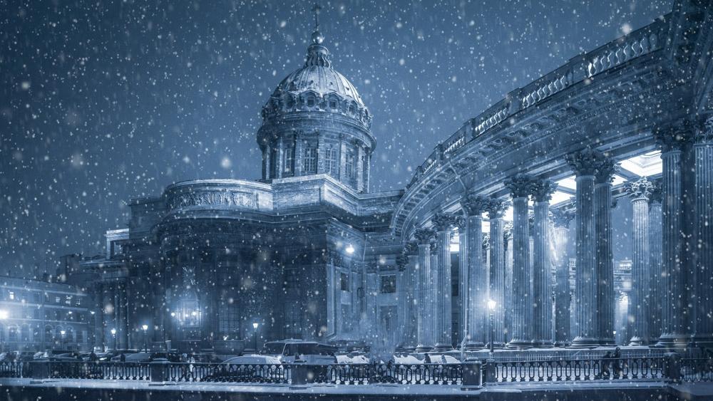 Kazan Cathedral at snowfall, Saint Petersburg wallpaper